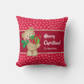 クリスマスのテディベアとプレゼントと雪の結晶、赤 クッション (正面)