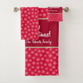 クリスマスのテディベアとプレゼントと雪の結晶、赤 バスタオルセット