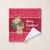 クリスマスのテディベアとプレゼントと雪の結晶、赤 バスタオルセット (ウォッシュタオル)