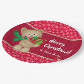 クリスマスのテディベアとプレゼントと雪の結晶、赤 ペーパープレート (アングル)