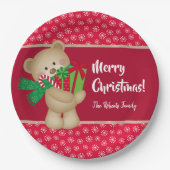 クリスマスのテディベアとプレゼントと雪の結晶、赤 ペーパープレート (正面)