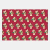 クリスマスのテディベアとプレゼントと雪の結晶、赤 ラッピングペーパーシート (正面2)