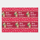 クリスマスのテディベアとプレゼントと雪の結晶、赤 ラッピングペーパーシート (正面)