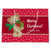 クリスマスのテディベアとプレゼントと雪の結晶、赤 ラージペーパーバッグ (正面)