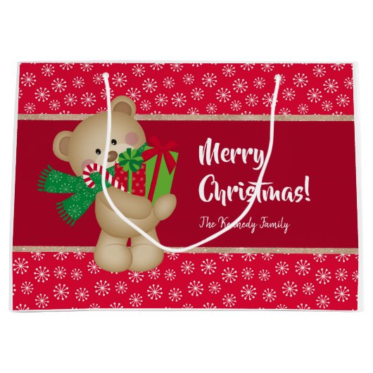 クリスマスのテディベアとプレゼントと雪の結晶、赤 ラージペーパーバッグ (正面)