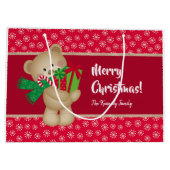 クリスマスのテディベアとプレゼントと雪の結晶、赤 ラージペーパーバッグ (裏面)