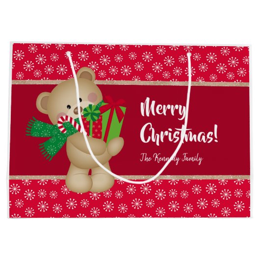 クリスマスのテディベアとプレゼントと雪の結晶、赤 ラージペーパーバッグ (裏面)