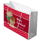 クリスマスのテディベアとプレゼントと雪の結晶、赤 ラージペーパーバッグ (正面アングル)