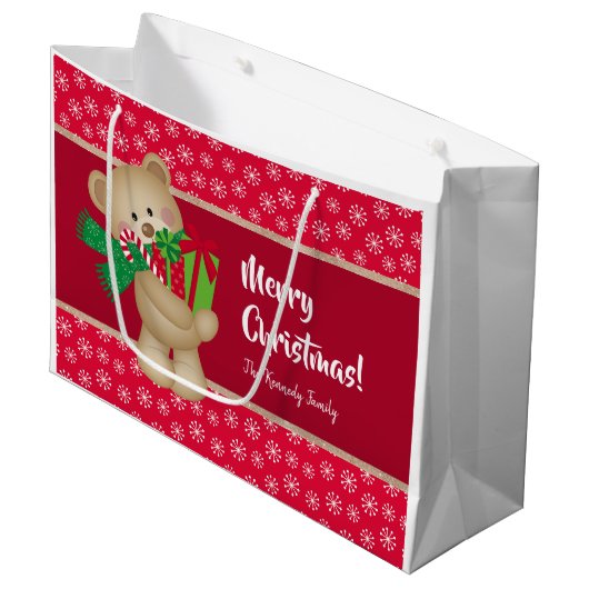 クリスマスのテディベアとプレゼントと雪の結晶、赤 ラージペーパーバッグ (正面アングル)