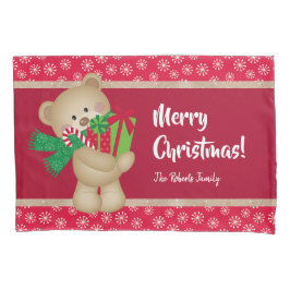 クリスマスのテディベアとプレゼントと雪の結晶、赤 枕カバー