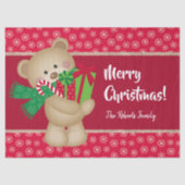 クリスマスのテディベアとプレゼントと雪の結晶、赤 薄葉紙 (正面)