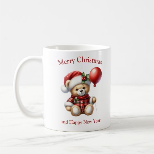 クリスマスのテディベアと赤い風船のヤドリギ コーヒーマグカップ (左)