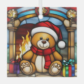 クリスマスのテディベアの模造ステンドグラス ガラスオーナメント (正面)