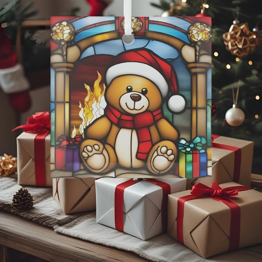 クリスマスのテディベアの模造ステンドグラス ガラスオーナメント