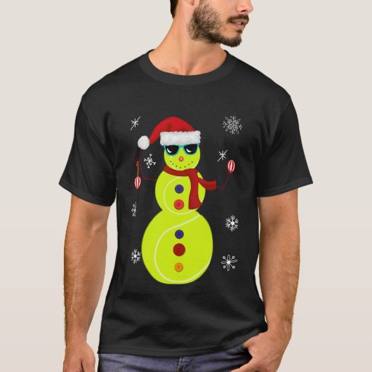 クリスマスのテニスの雪だるまのサンタの帽子のギフト Tシャツ (正面)