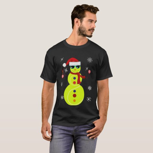 クリスマスのテニスの雪だるまのサンタの帽子のギフト Tシャツ (正面フル)