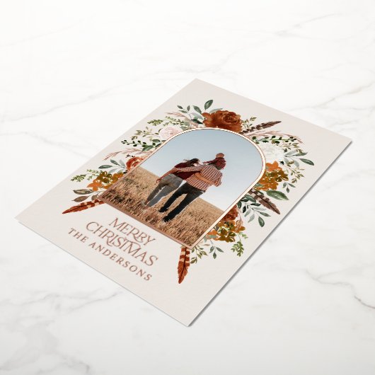 クリスマスのテラコッタフローラエレガント写真素朴F 箔シーズンカード (回転した状態)