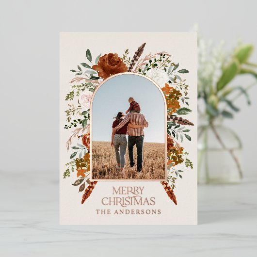 クリスマスのテラコッタフローラエレガント写真素朴F 箔シーズンカード (立ち正面)