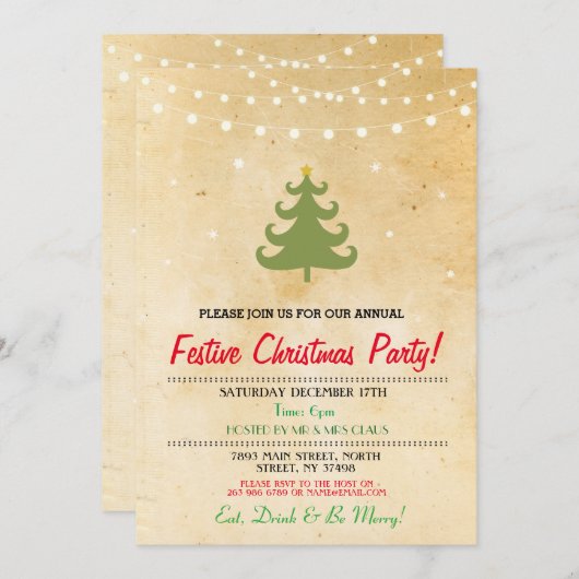 クリスマスのディナー・パーティの木は星の招待をつけます 招待状 (正面/裏面)