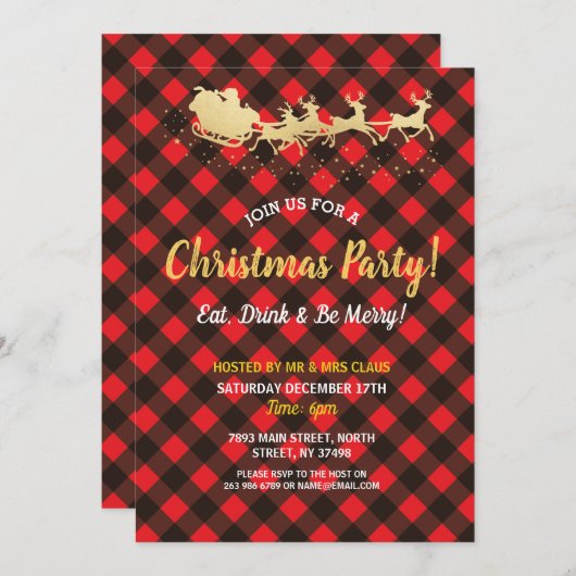 クリスマスのディナー・パーティの赤いバッファローの点検の招待 招待状 (正面/裏面)