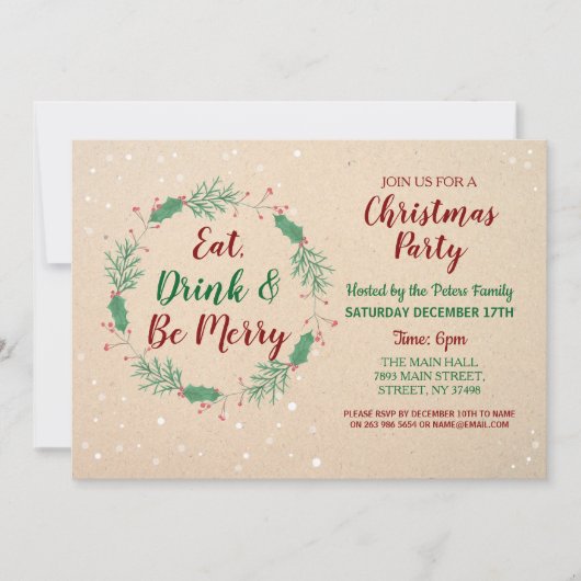 クリスマスのディナー・パーティ日の休日のフェスティバルの雪 招待状 (正面)