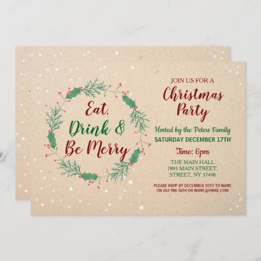 クリスマスのディナー・パーティ日の休日のフェスティバルの雪 招待状 (正面/裏面)