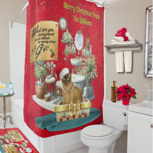 クリスマスのトイレでウンチする猫 シャワーカーテン