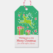 クリスマスのトナカイが贈り物に緑色の赤を浴びる ギフトタグ (正面)