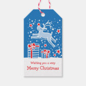 クリスマスのトナカイが贈り物を青いラベルで跳ね回る ギフトタグ (正面)