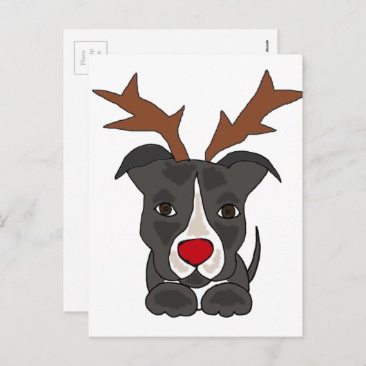 クリスマスのトナカイとしておもしろいな灰色のピットブル犬 シーズンポストカード (正面/裏面)