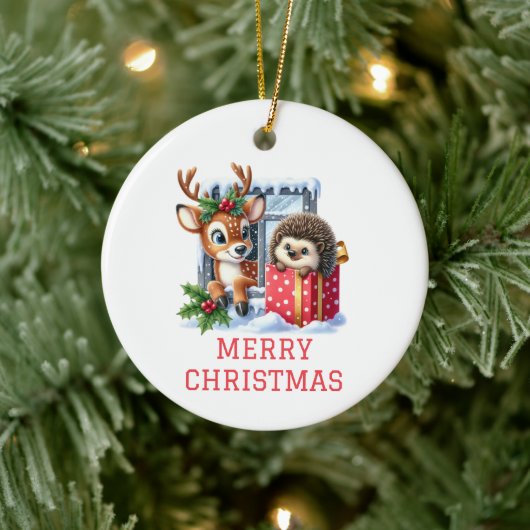 クリスマスのトナカイとハリネズミ セラミックオーナメント (ツリー)