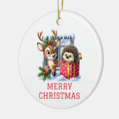 クリスマスのトナカイとハリネズミ セラミックオーナメント (左)