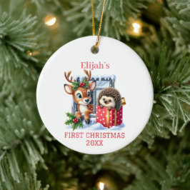 クリスマスのトナカイとハリネズミ セラミックオーナメント