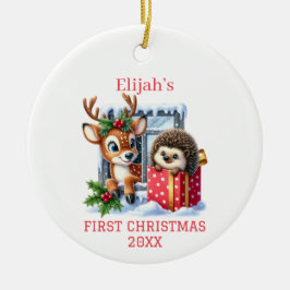 クリスマスのトナカイとハリネズミ セラミックオーナメント