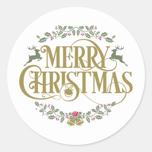 クリスマスのトナカイとヒイラギの実 ラウンドシール (正面)