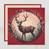 クリスマスのトナカイとホリデーシーズンの花輪 シーズンカード (正面/裏面)