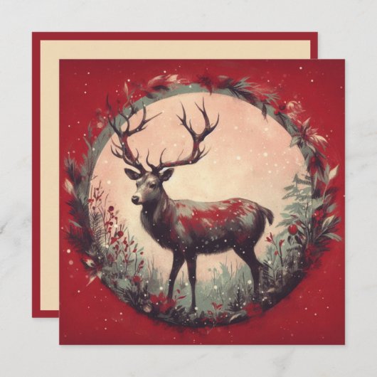 クリスマスのトナカイとホリデーシーズンの花輪 シーズンカード (正面/裏面)