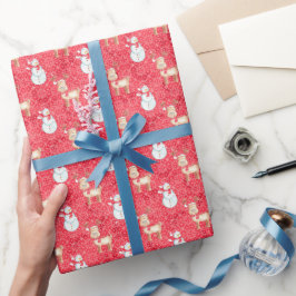 クリスマスのトナカイと雪だるまパターン – 赤 ラッピングペーパー