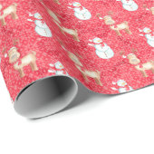 クリスマスのトナカイと雪だるまパターン – 赤 ラッピングペーパー (ロールコーナー)