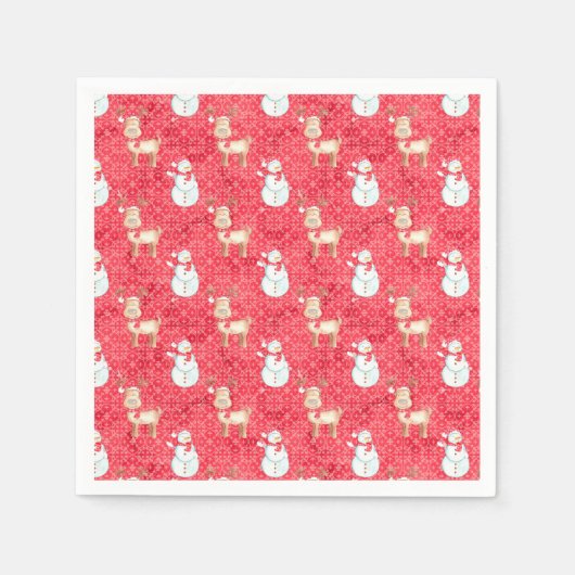 クリスマスのトナカイと雪だるま – 赤 スタンダードカクテルナプキン (正面)