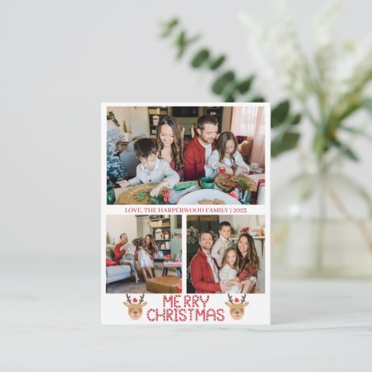 クリスマスのトナカイのスクリプトファミリーフォトコラージュ シーズンポストカード (スタンド正面)