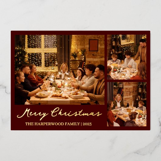 クリスマスのトナカイのスクリプトファミリーフォトコラージュ 箔シーズンカード (正面)