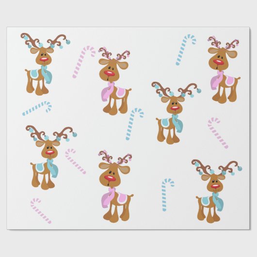 クリスマスのトナカイのピンクの青の性別を表示パーティー ラッピングペーパー (フラット)