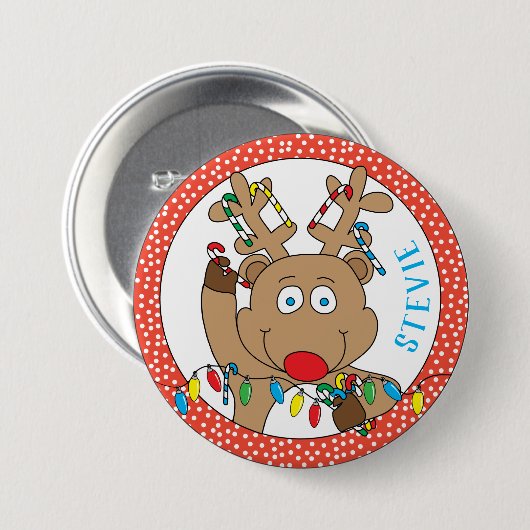 クリスマスのトナカイのライトラウンド 缶バッジ (正面&裏面)