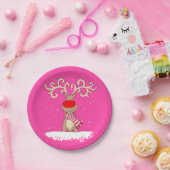 クリスマスのトナカイの大きい枝角のピンクの紙皿 ペーパープレート (パーティー)