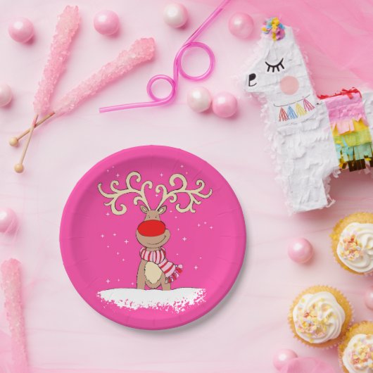 クリスマスのトナカイの大きい枝角のピンクの紙皿 ペーパープレート (パーティー)