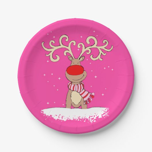 クリスマスのトナカイの大きい枝角のピンクの紙皿 ペーパープレート (正面)