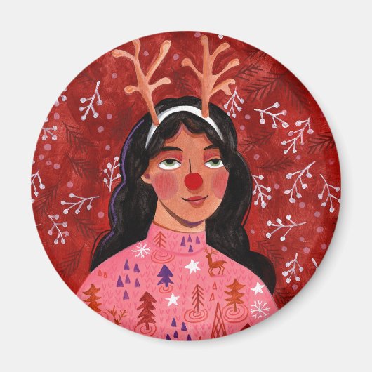 クリスマスのトナカイの女の赤 マグネット (正面)