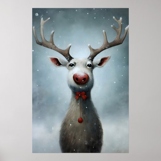 クリスマスのトナカイの絵、田舎風の冬の壁 ポスター (正面)