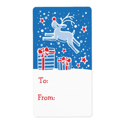 クリスマスのトナカイの贈り物ラベルブルー(へ及びから) ラベル (正面)